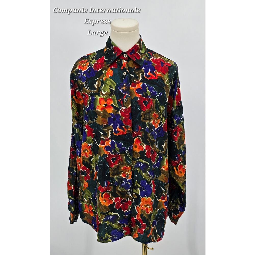 Vintage 80s/90s Compagnie Internationale Express Bold Floral 100%‎ Silk Blouse